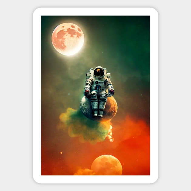 Astronaut sitting on a moon with red clouds in space with moons in the background Sticker by MoEsam95